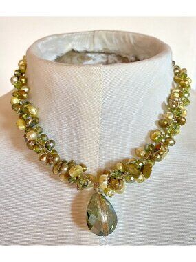 Green Yellow Pearl Crystal Large Facted Drop Necklace Silk Thread 19"